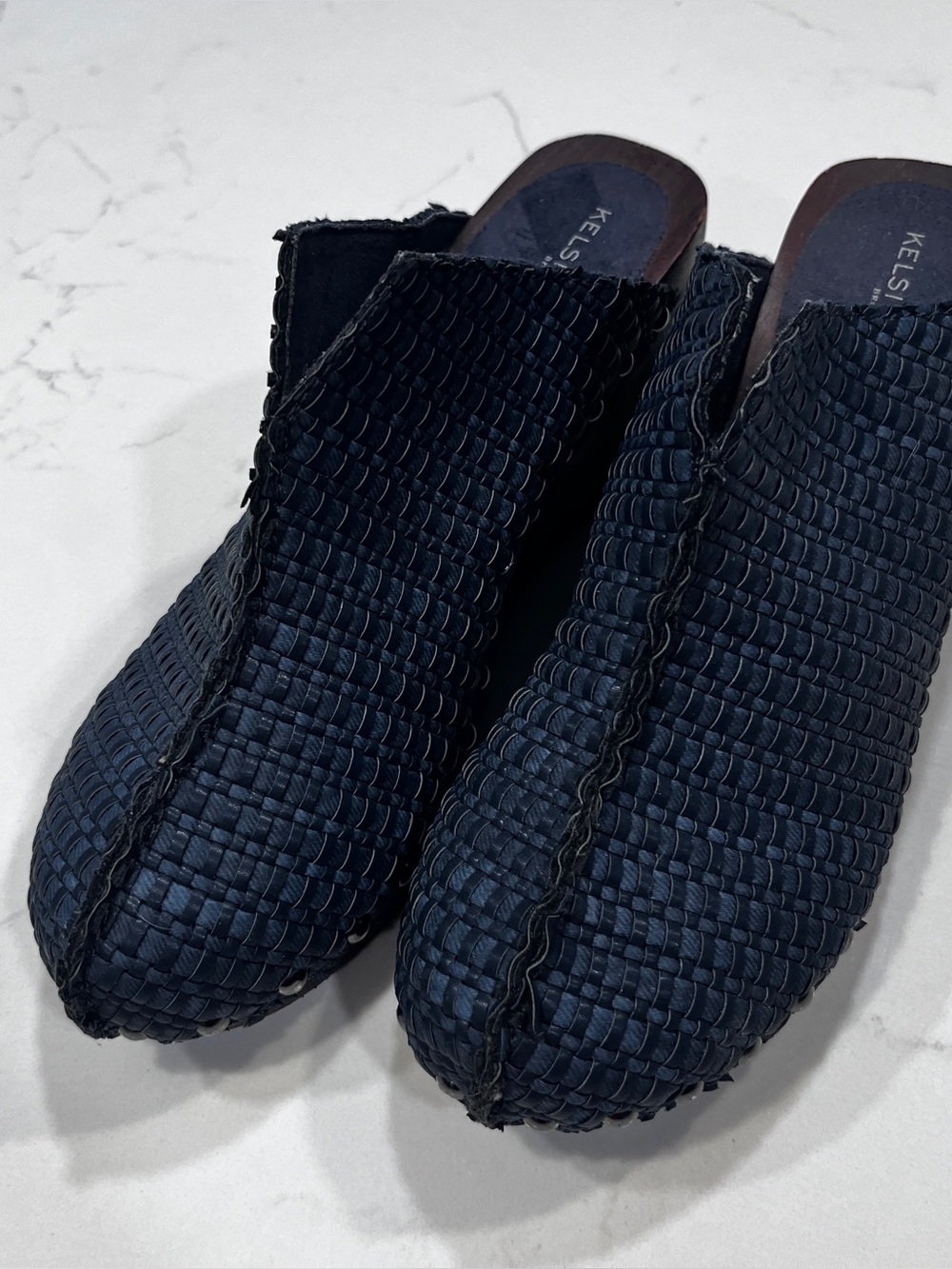 Kelsie Dagger Jhett Blue Woven Wooden Clogs